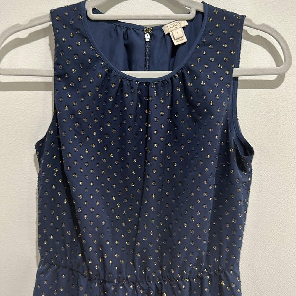 J.CREW Women Navy Metallic Gold Dot Dress Sleeveless Navy Size 0 Zipper Flare - Picture 2 of 4